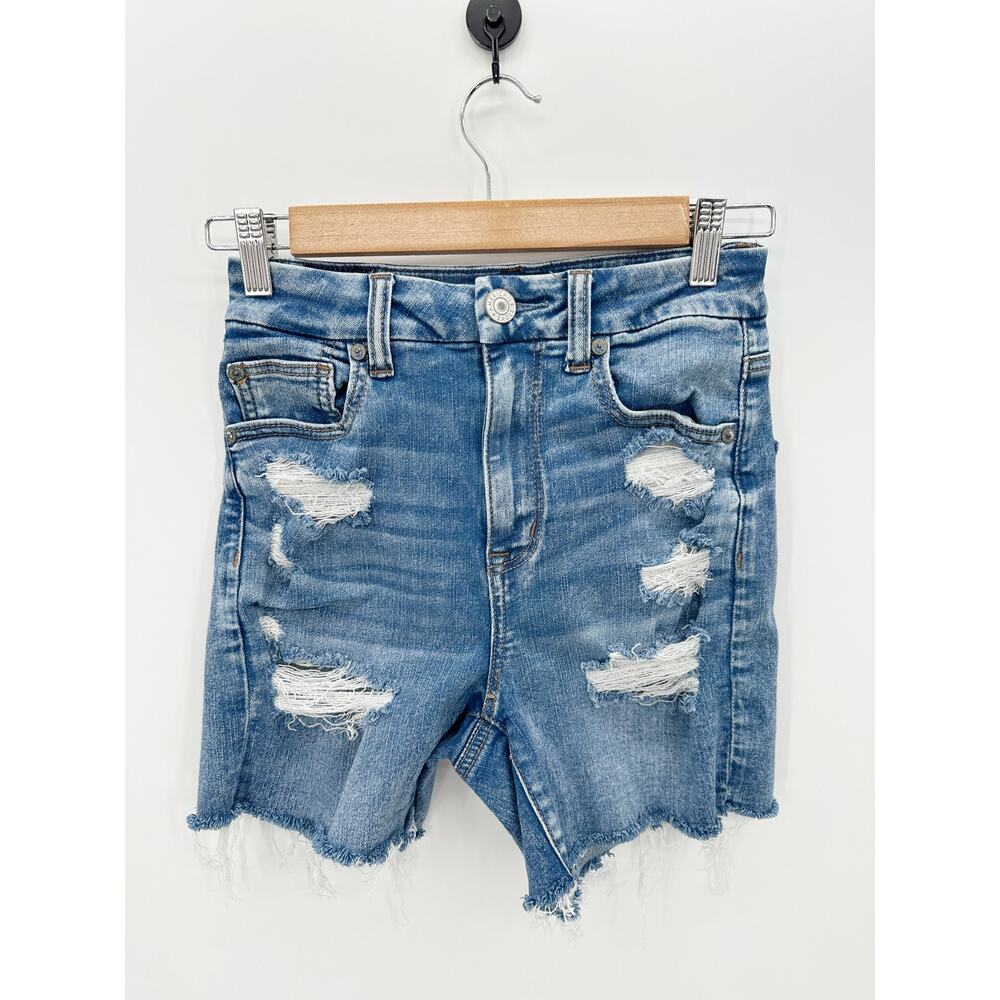 American Eagle Curvy Hi-Rise Shortie Distressed Denim Shorts Blue Womens Size 2‎